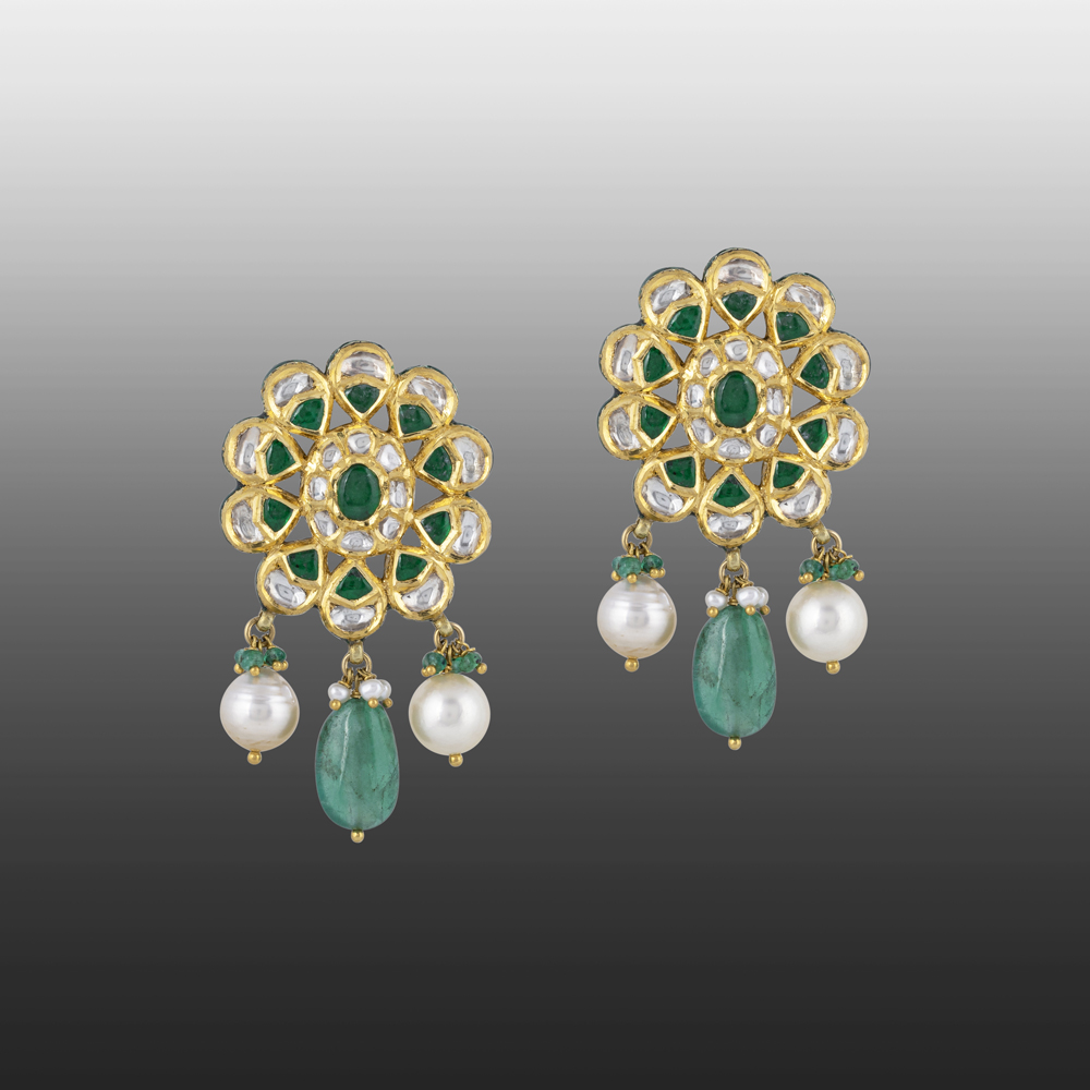 Floral Polki Earrings with Emerald Talaf & Pearl Drops